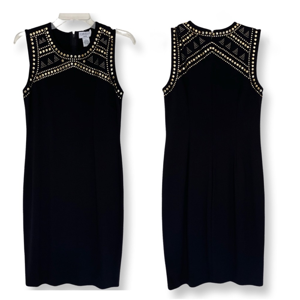 NWT Carmen Marc Valvo Gold Studded Black Sleeveless Sheath Dress Size S